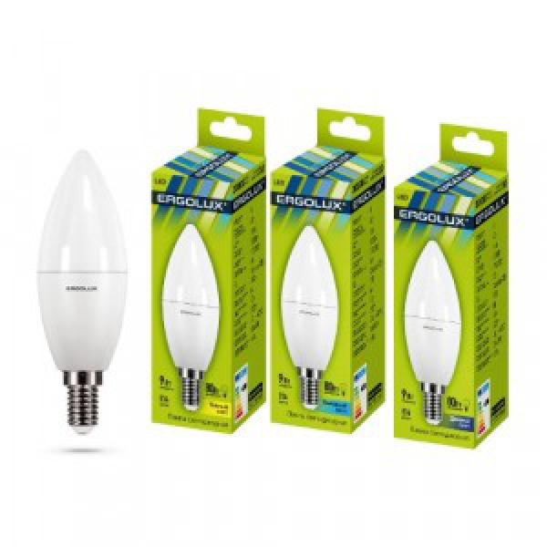 Лампа 9W / 80Вт E14 свеча Д/С C35 (800lm 220°) 6500K матов. Ergolux LED-C35-9W-E14-6K